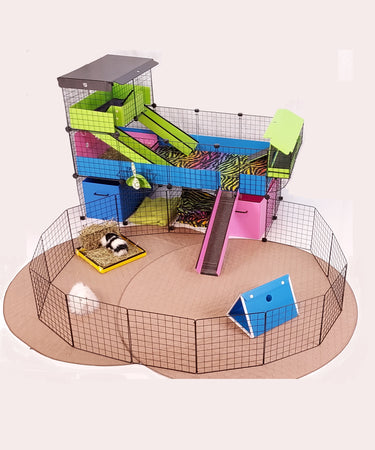 colorful c&c guinea pig cage setup including a fun "floortime" expansion