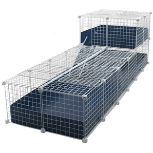 Covered navy blue Jumbo C&C guinea pig cage with wide loft and ramp using white grids and connectors