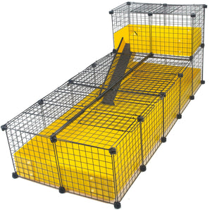 Covered XL yellow C&C guinea pig cage with narrow loft and ramp using black grids and connectors