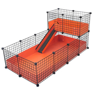 Large orange C&C guinea pig cage with narrow loft and ramp using black grids and connectors