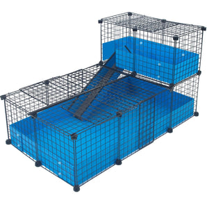 Covered Medium Light blue C&C guinea pig cage with narrow loft and ramp using black grids and connectors