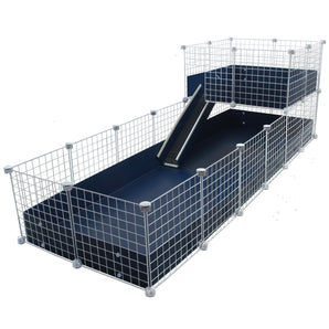 Navy blue Jumbo C&C guinea pig cage with wide loft and ramp using white grids and connectors