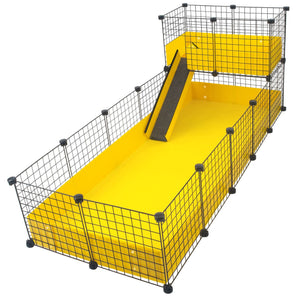XL yellow C&C guinea pig cage with narrow loft and ramp using black grids and connectors