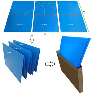 Blue coroplast sheets showing shipping dimensions