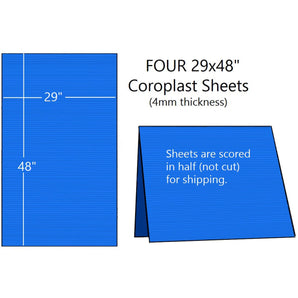 Blue coroplast sheets showing shipping dimensions