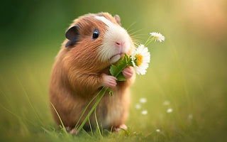 cute guinea pig holding a flower in a field