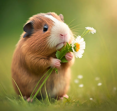 cute guinea pig holding a flower in a field