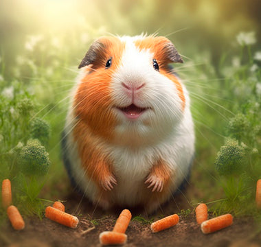 cute smiling guinea pig with carrots