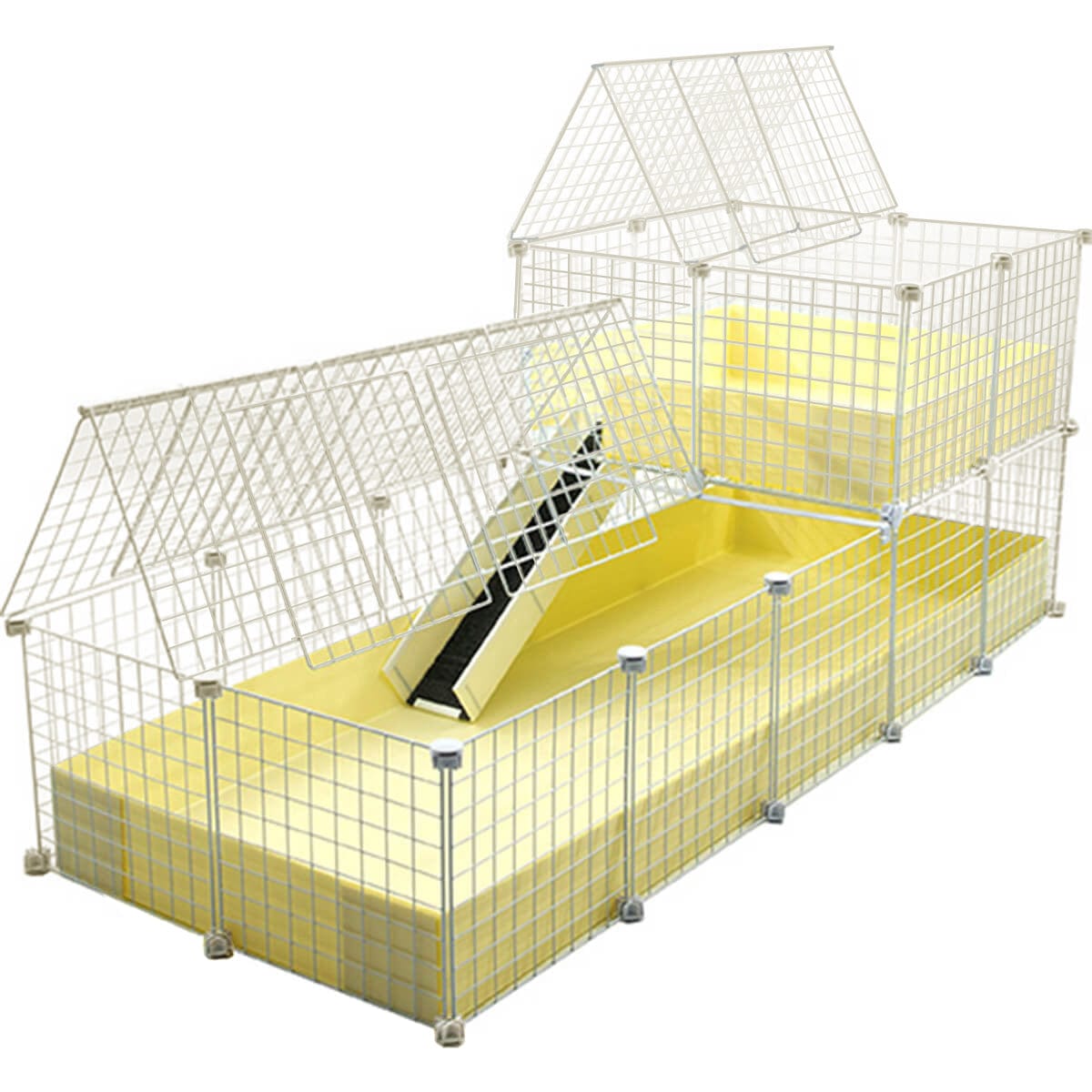 Covered XL cream C&C guinea pig cage with wide loft and ramp using white grids and connectors