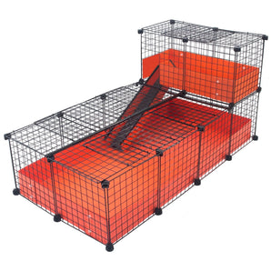 Covered Large orange C&C guinea pig cage with narrow loft and ramp using black grids and connectors