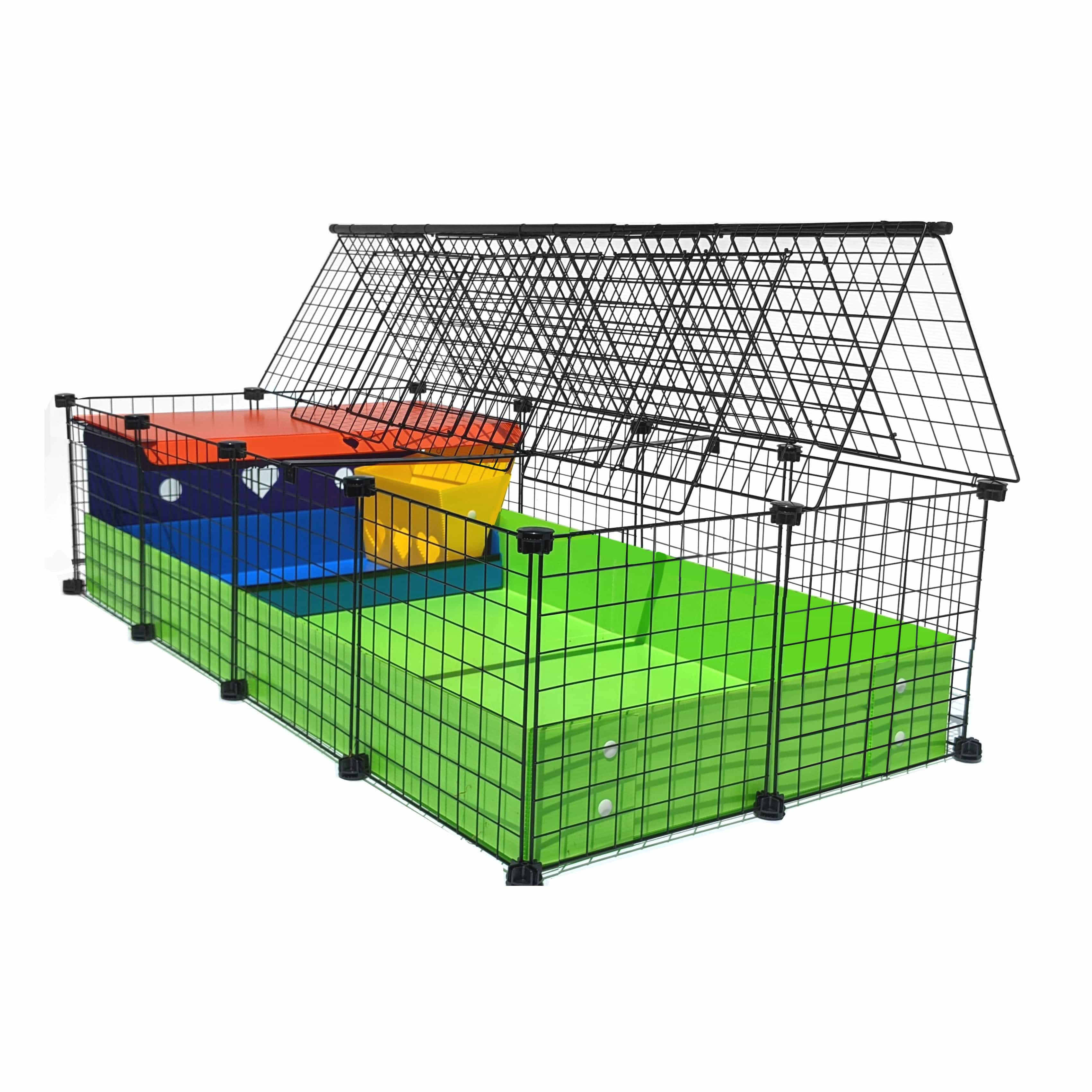 Covered starter kit with a lime C&C guinea pig cage and colorful kitchen suite
