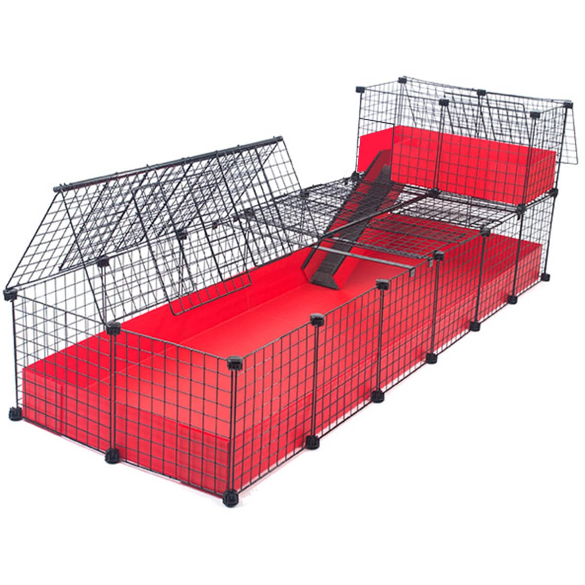 Covered Red Jumbo C&C guinea pig cage with narrow loft and ramp using black grids and connectors