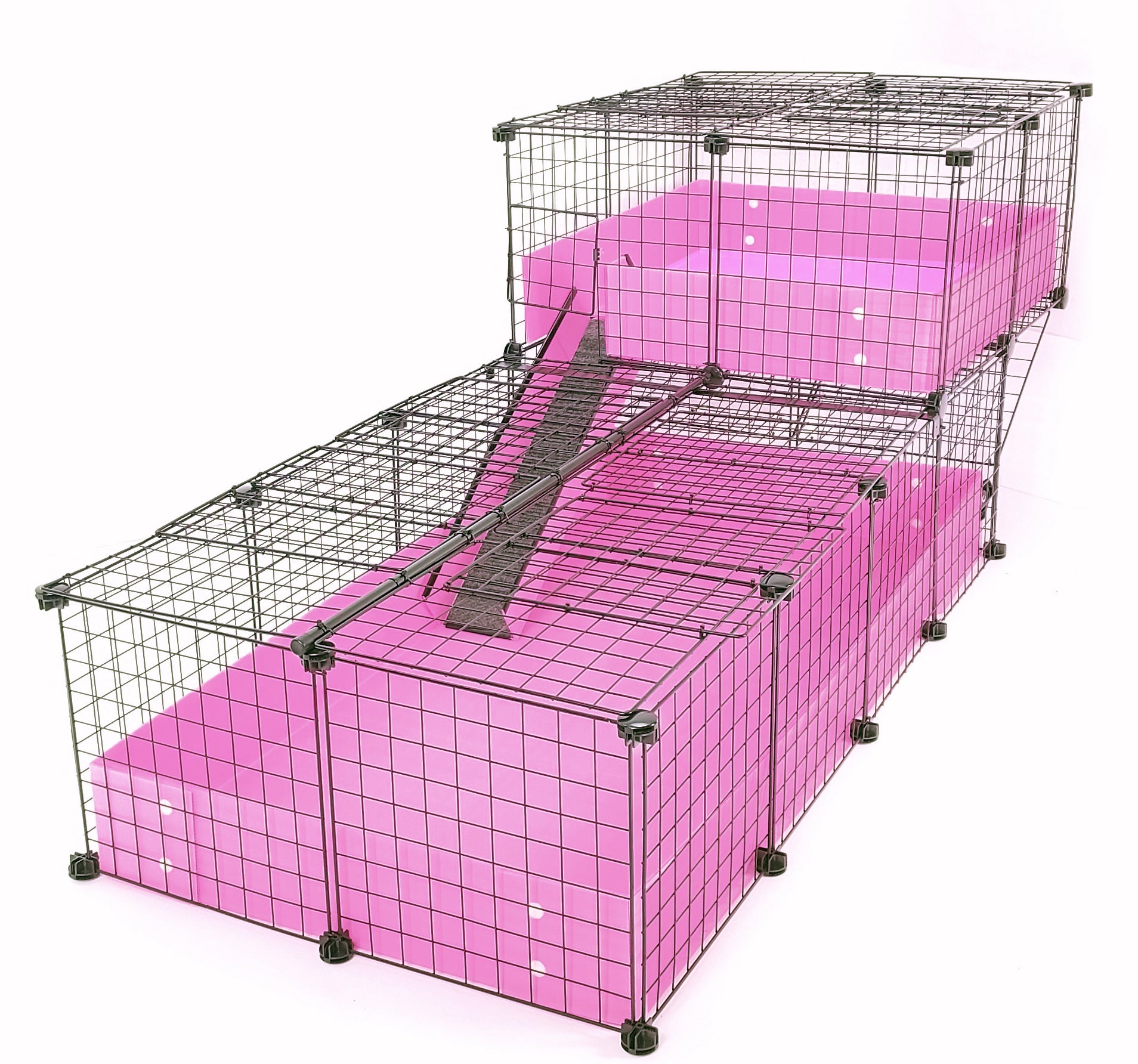 Large covered Offset Pink C&C Guinea Pig Cage with a Loft and Black Grids