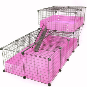 Large covered Offset Pink C&C Guinea Pig Cage with a Loft and Black Grids