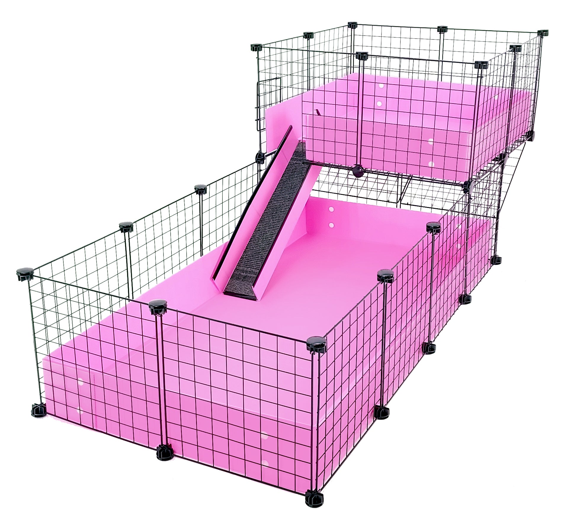 Large Offset Pink C&C Guinea Pig Cage with a Loft and Black Grids