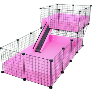 Large Offset Pink C&C Guinea Pig Cage with a Loft and Black Grids