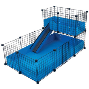Medium Light blue C&C guinea pig cage with narrow loft and ramp using black grids and connectors