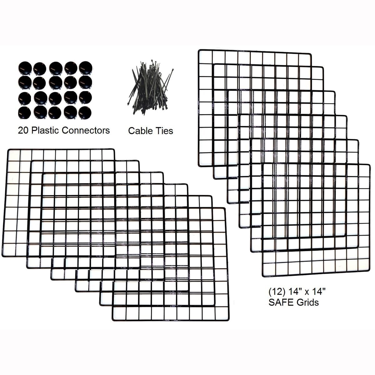 Twelve black grids, 20 black connectors and cable ties for a medium C&C guinea pig cage