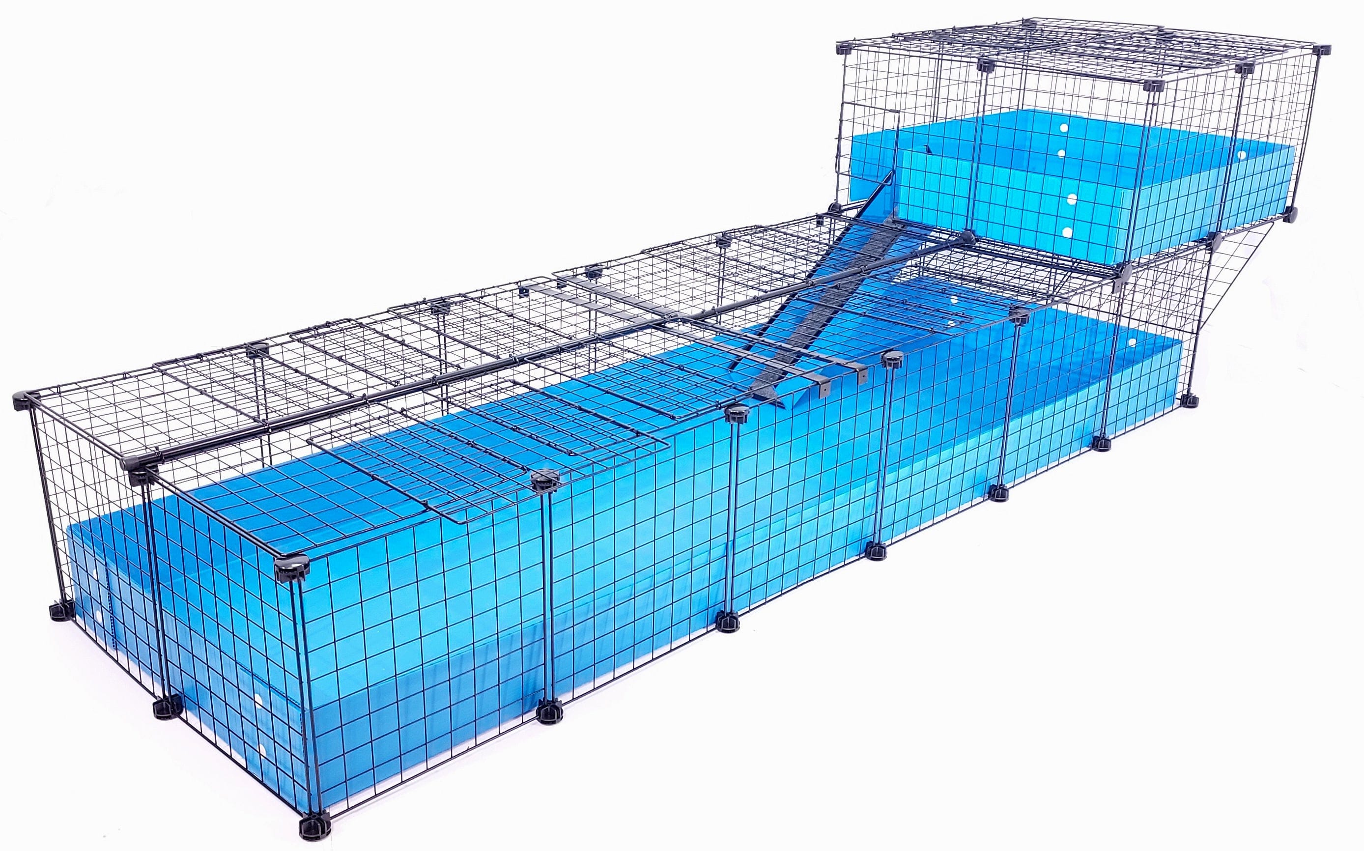 Covered Wide loft offset atop a covered jumbo light blue c&c guinea pig cage