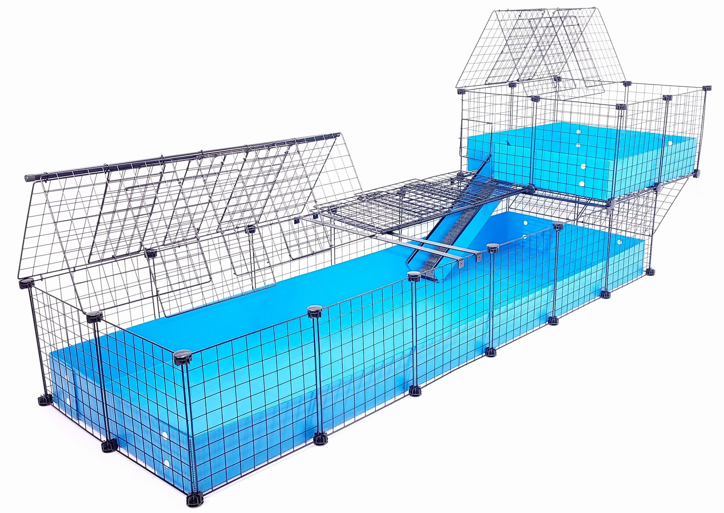 Wide loft offset atop a covered jumbo light blue c&c guinea pig cage