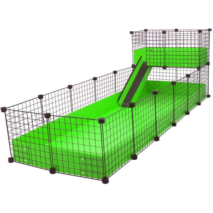 Jumbo Lime C&C guinea pig cage with narrow loft and ramp using black grids and connectors