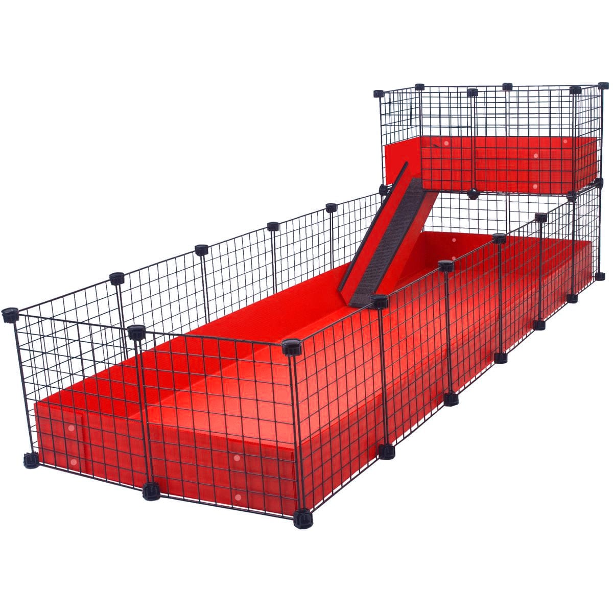Jumbo red C&C guinea pig cage with narrow loft and ramp using black grids and connectors