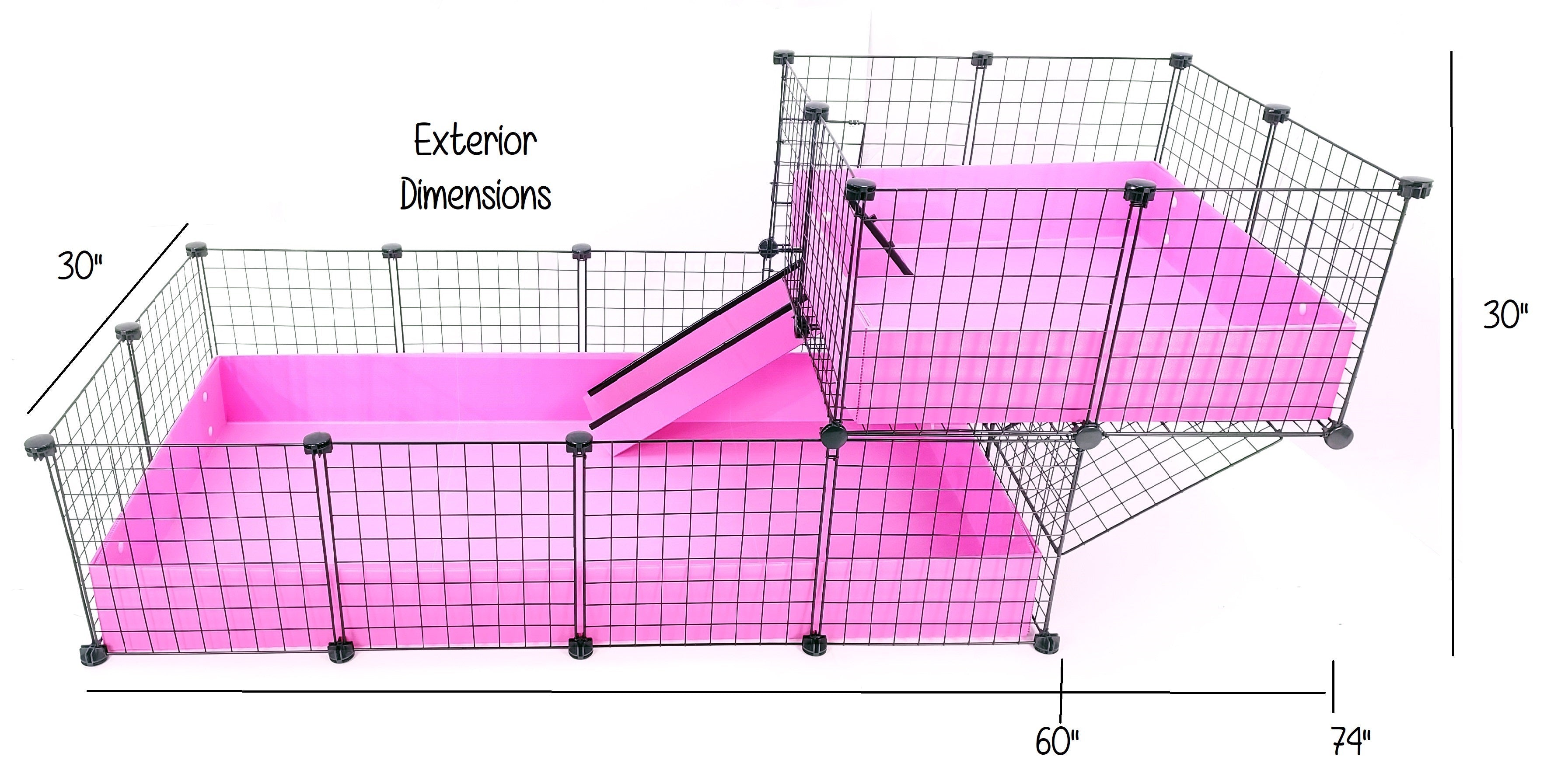 Large Offset Pink C&C Guinea Pig Cage with a Loft and Black Grids with dimensions