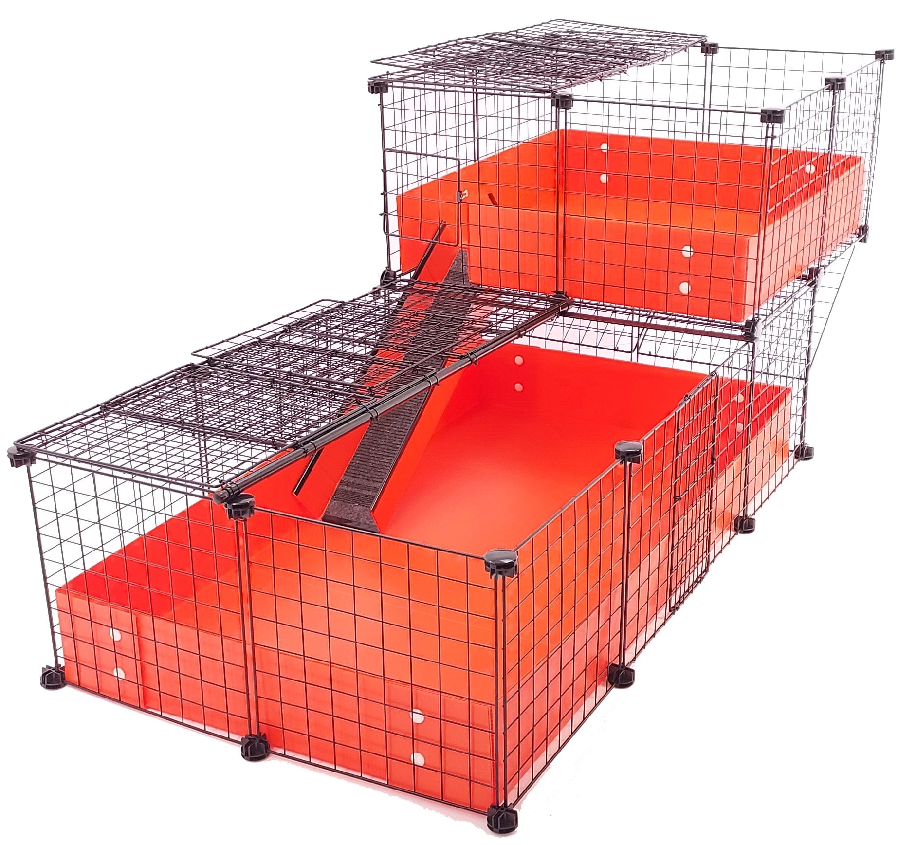 Orange covered c&c guinea pig cage with an offset wide loft