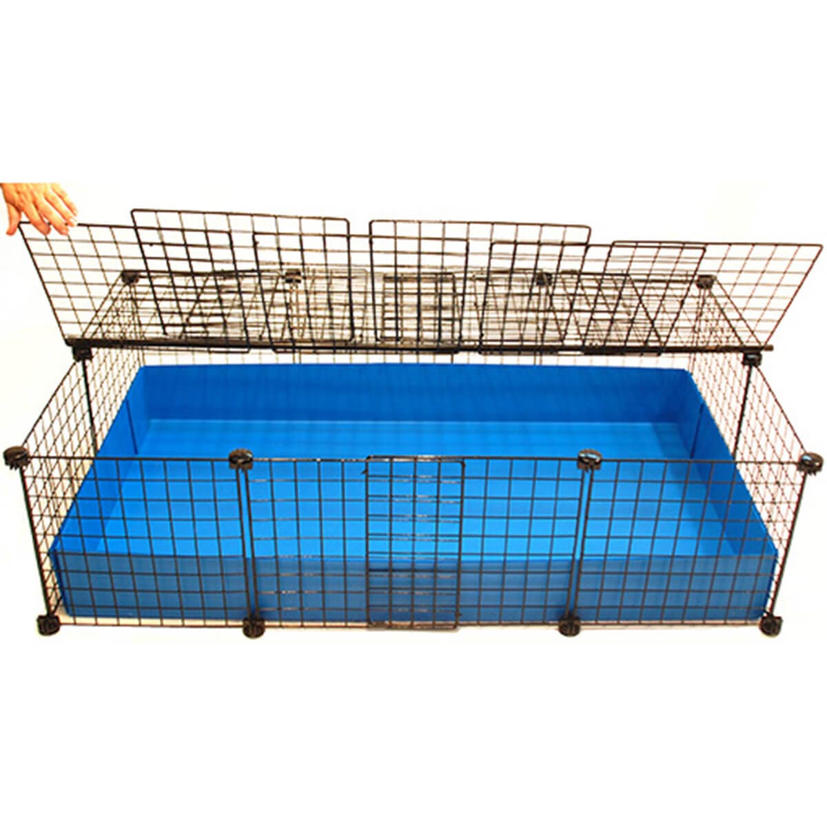 Medium Light blue C&C guinea pig cage and cover with black grids and connectors being opened