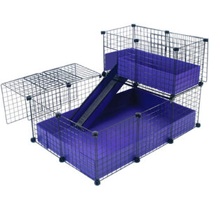 Covered Small purple C&C guinea pig cage with narrow loft and ramp using black grids and connectors
