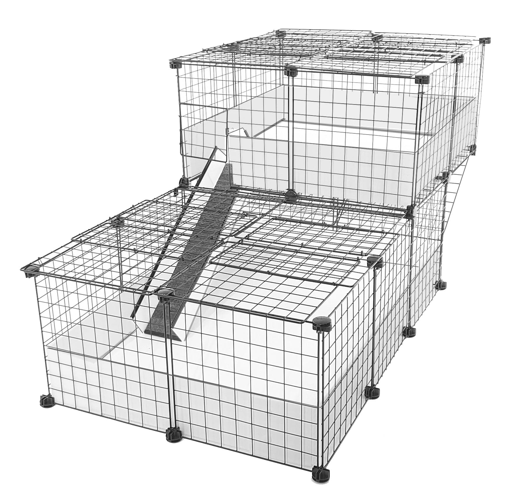 Covered white c&c guinea pig cage with an offset wide loft and black grids