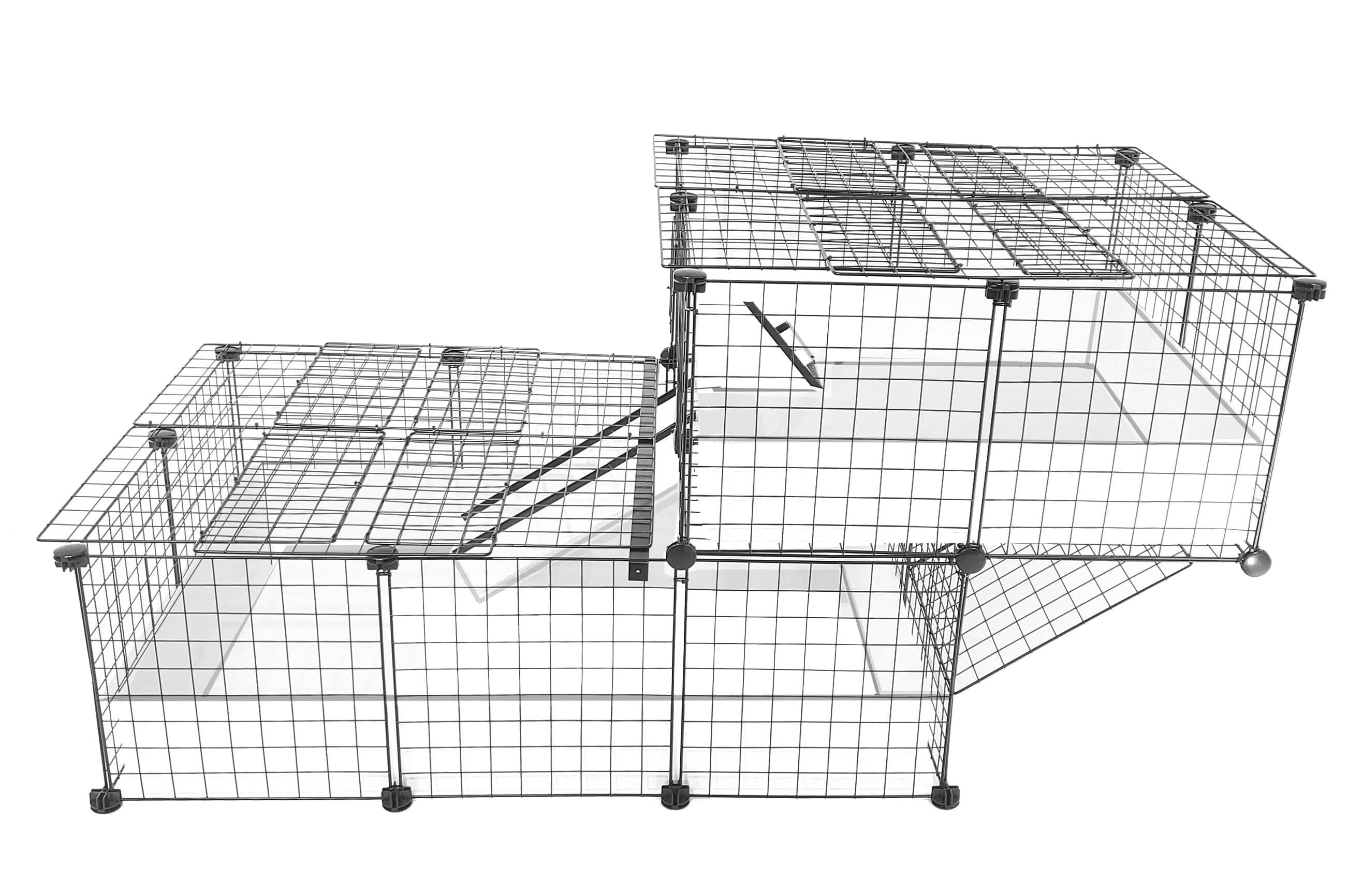 Covered white c&c guinea pig cage with an offset wide loft and black grids