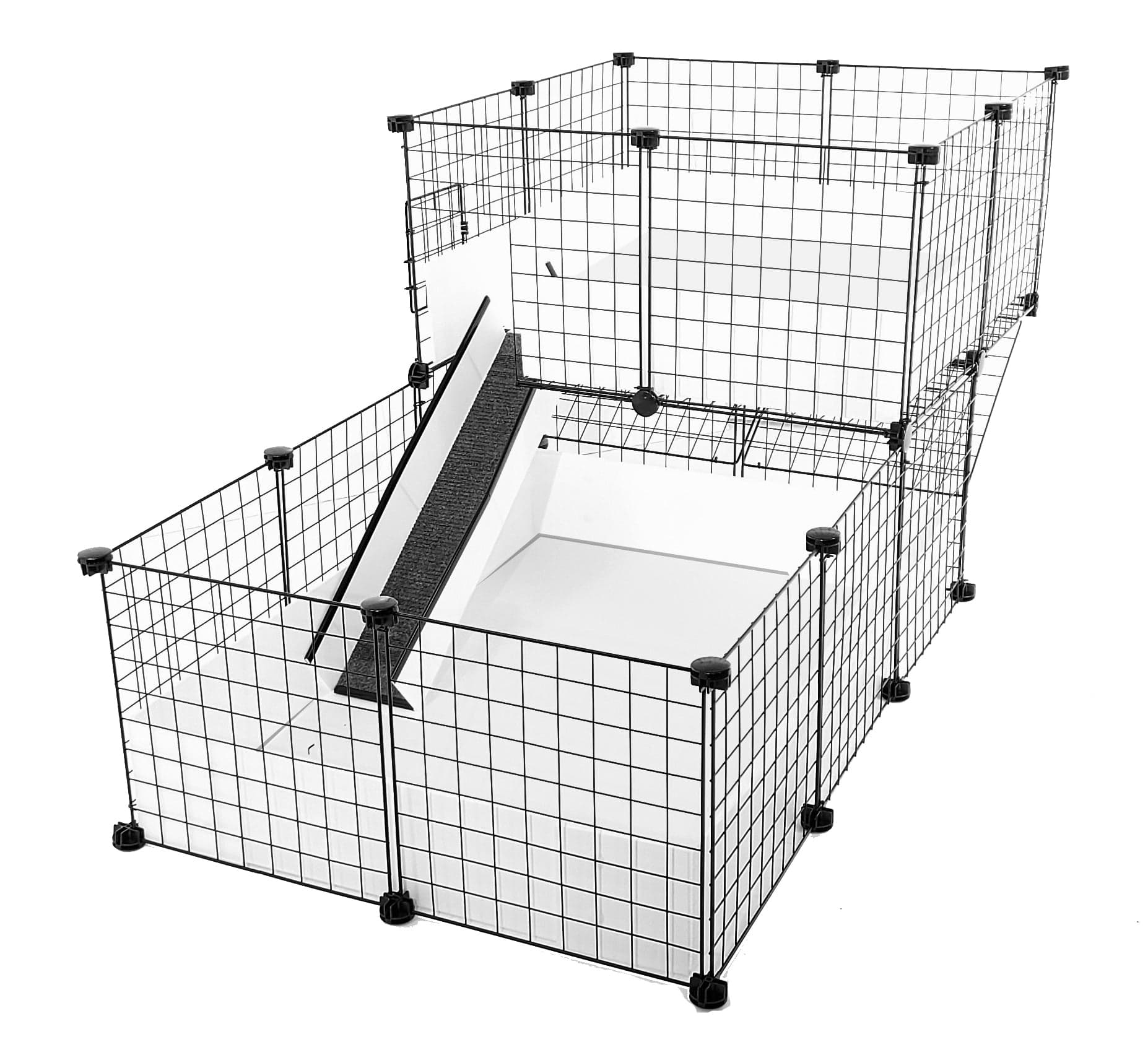 White c&c guinea pig cage with an offset wide loft and black grids