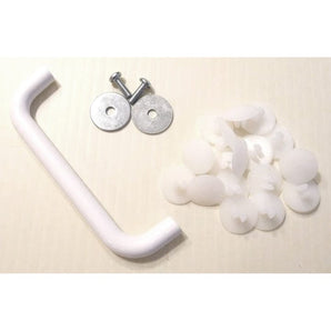 White handle with hardware and rivets for use with storage bins