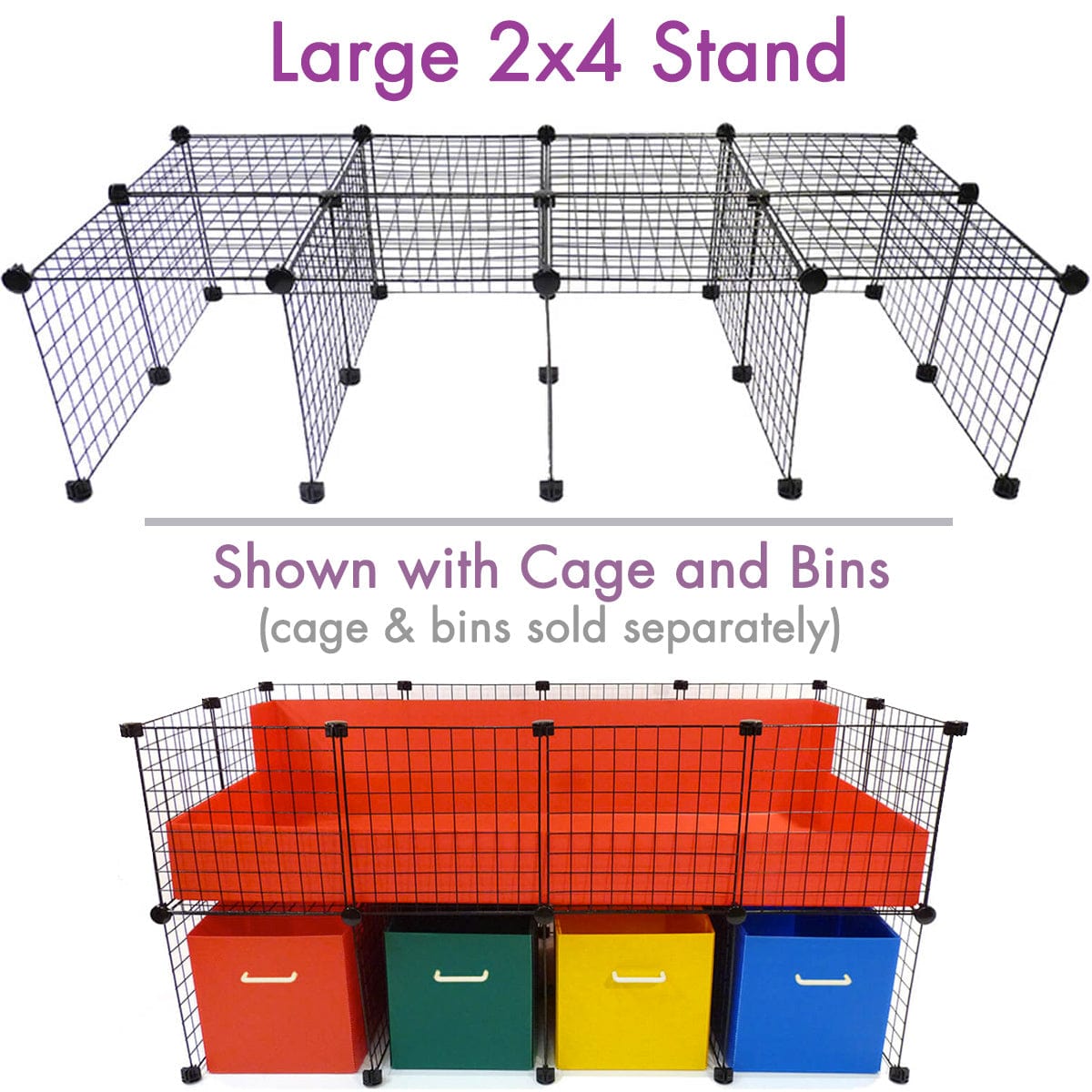 C&C guinea pig cage atop a stand with colorful storage bins