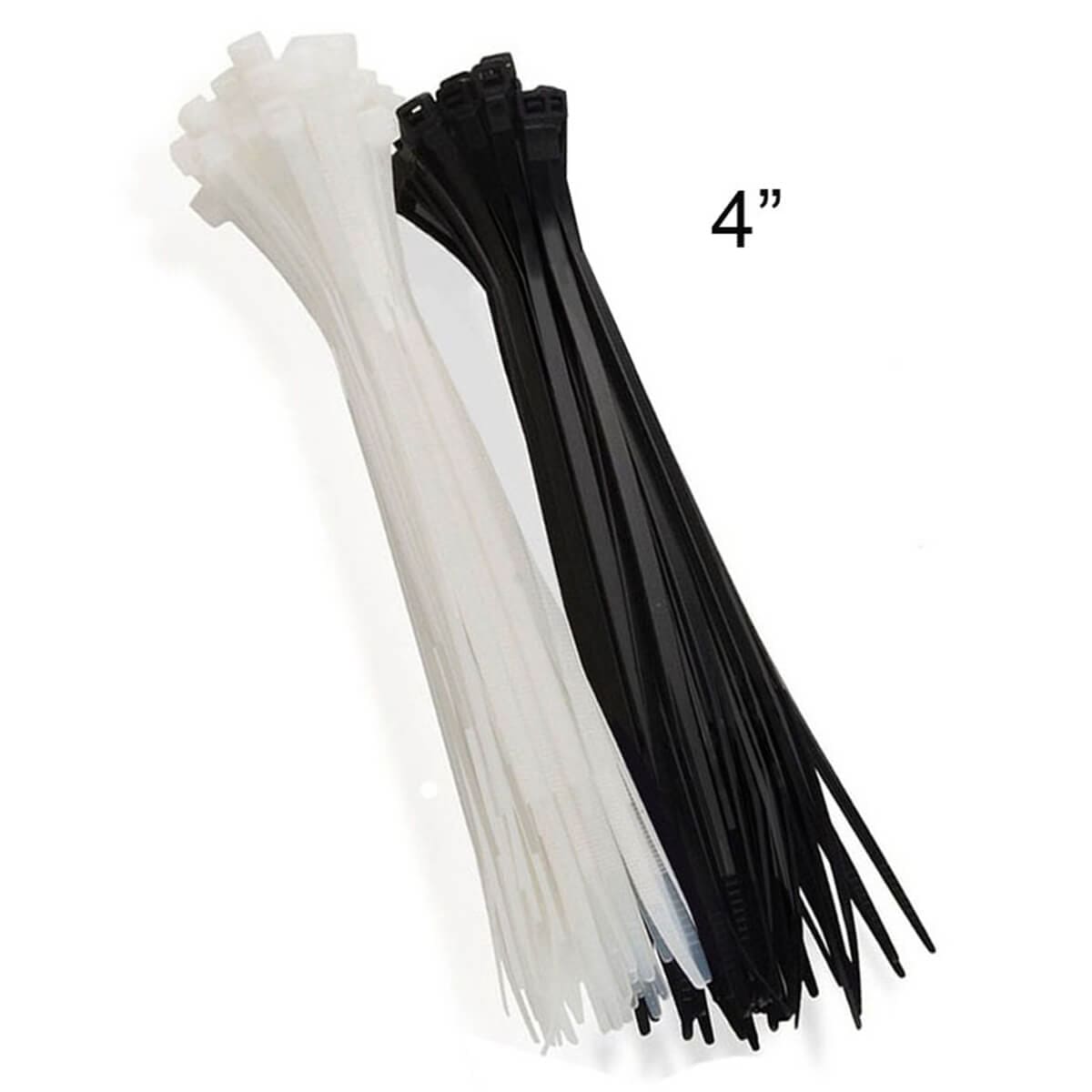 Bundles of 4 inch long black and white cable ties