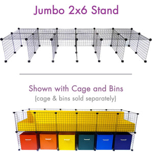 C&C guinea pig cage atop a stand with colorful storage bins