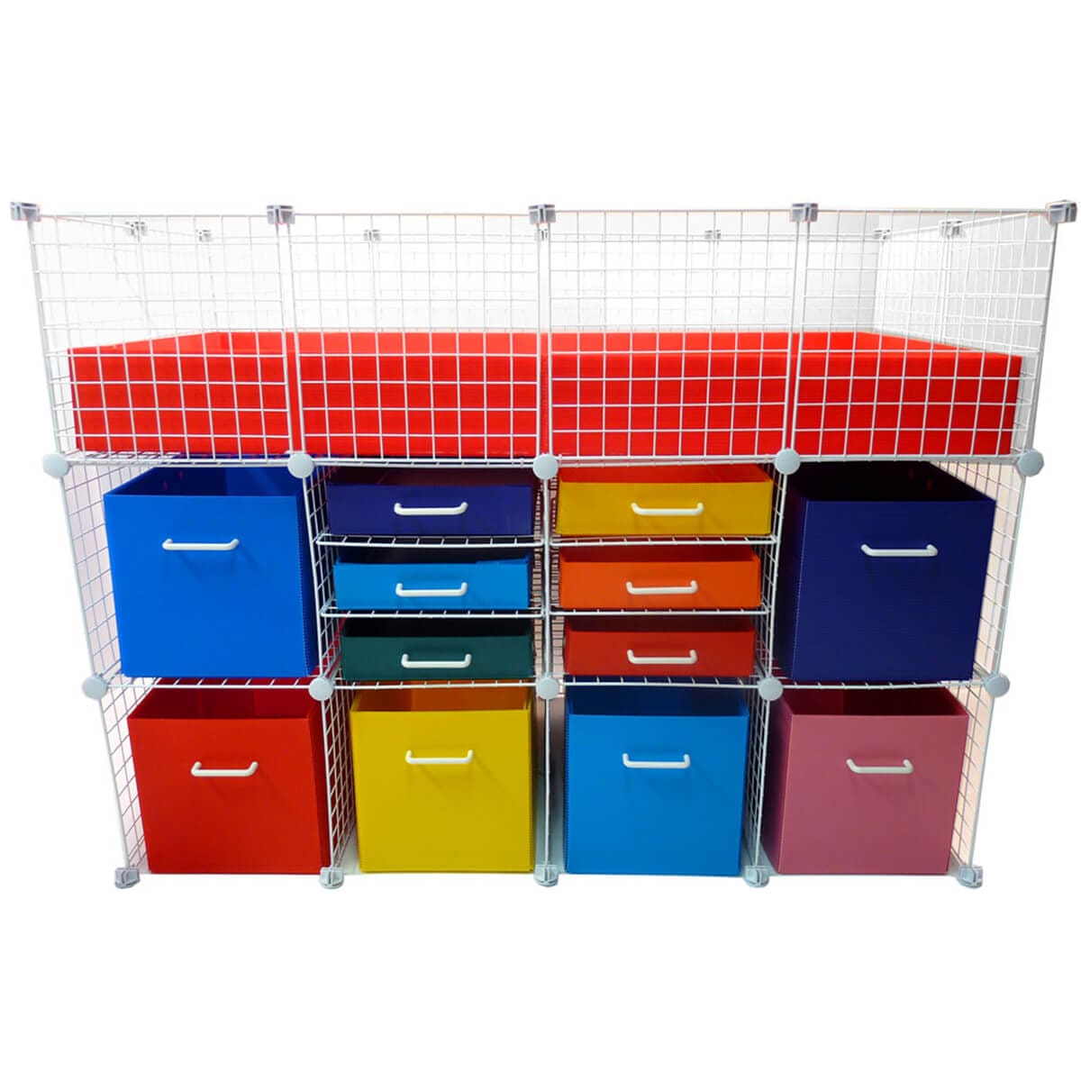 Six mini bin drawers with six standard bins below a large C&C guinea pig cage
