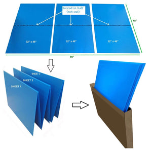 Blue coroplast sheets showing shipping dimensions