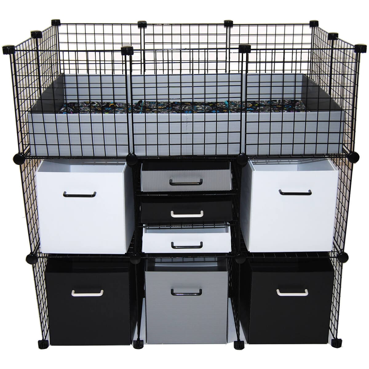 Three mini bin drawers paired with five standard bins below a small C&C guinea pig cage