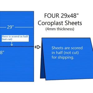 Blue coroplast sheets showing shipping dimensions