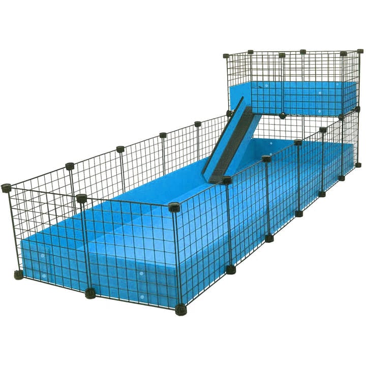 Jumbo Light Blue C&C guinea pig cage with narrow loft and ramp using black grids and connectors