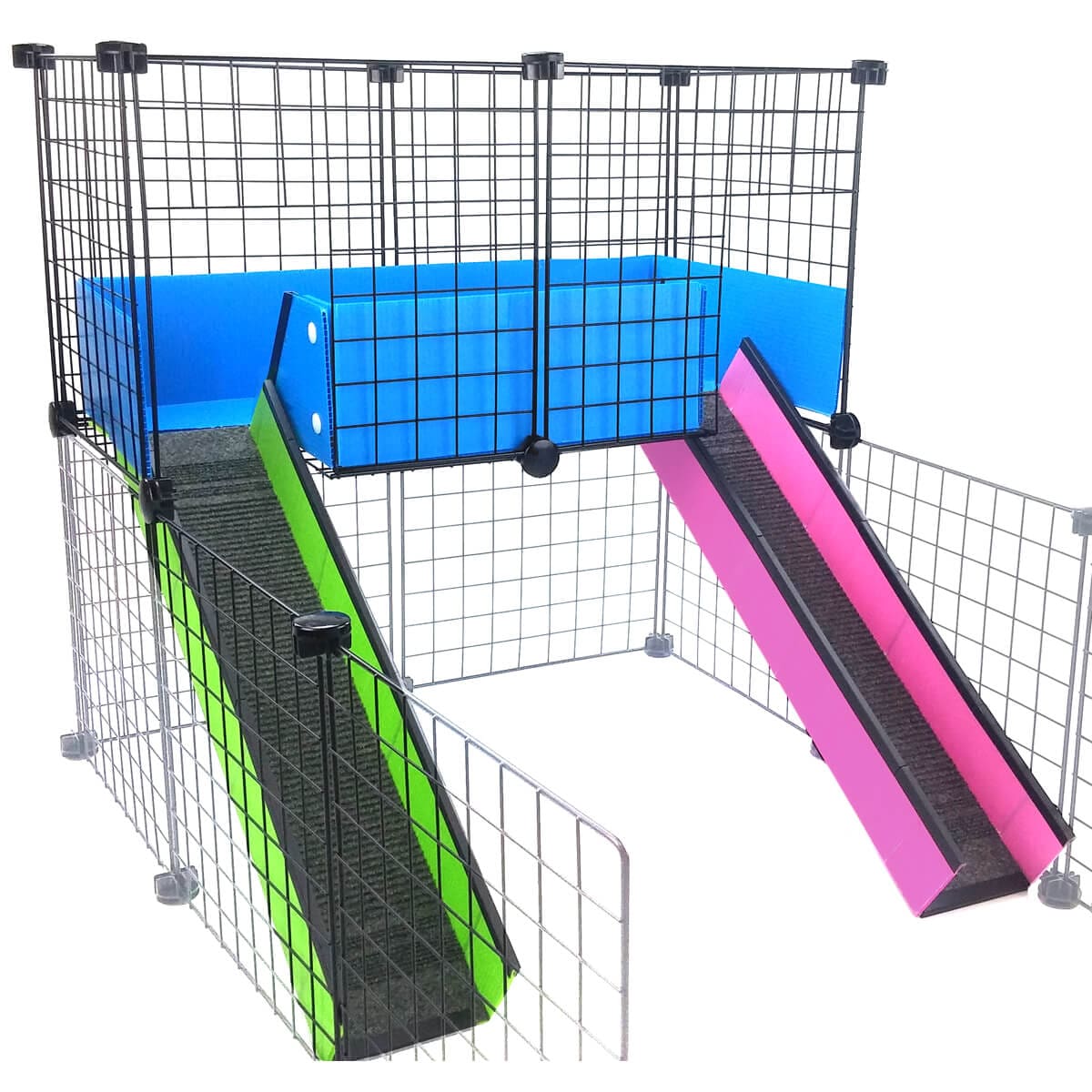 Light blue narrow loop loft with colorful ramps designed for a C&C guinea pig cage