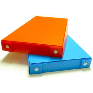 Light blue and orange bin covers for standard storage bins