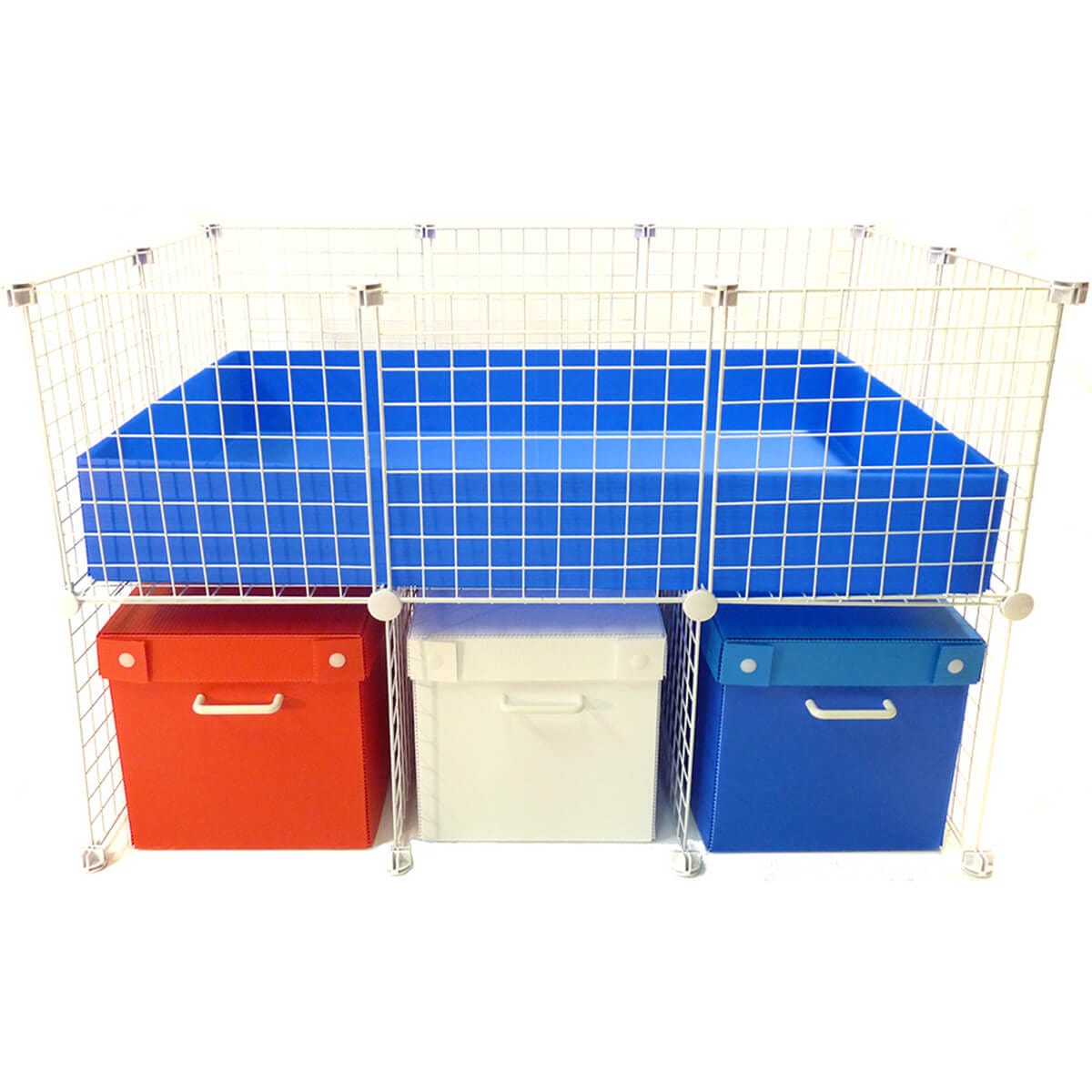 Three standard storage bins with covers under a small C&C guinea pig cage and stand